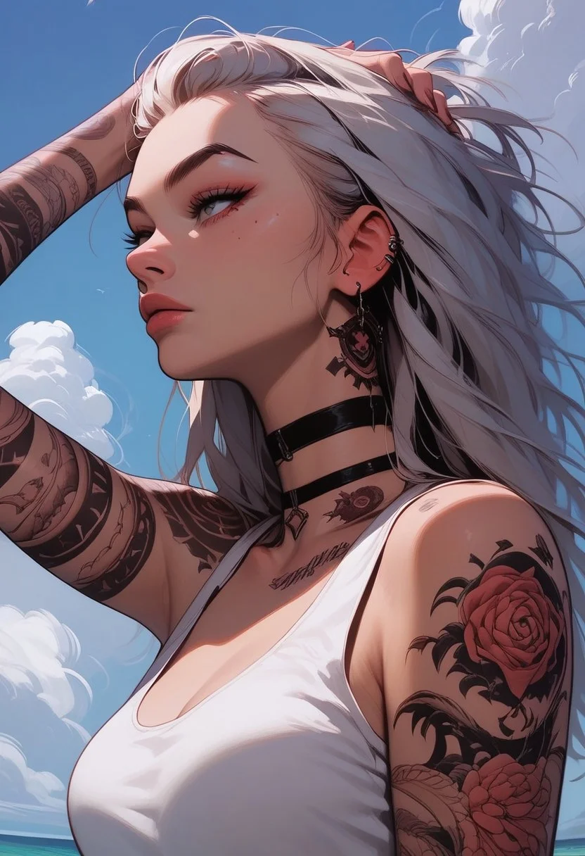 Score_9, Score8_up, Score_7_up, (((High Resolution, Best Quality))), Covered in Tattoos, hand on head, brushing hair behind ear,
Tanktop, cutoff, choker,
On a Cliff overlooking a beach, Cloudy Sky,