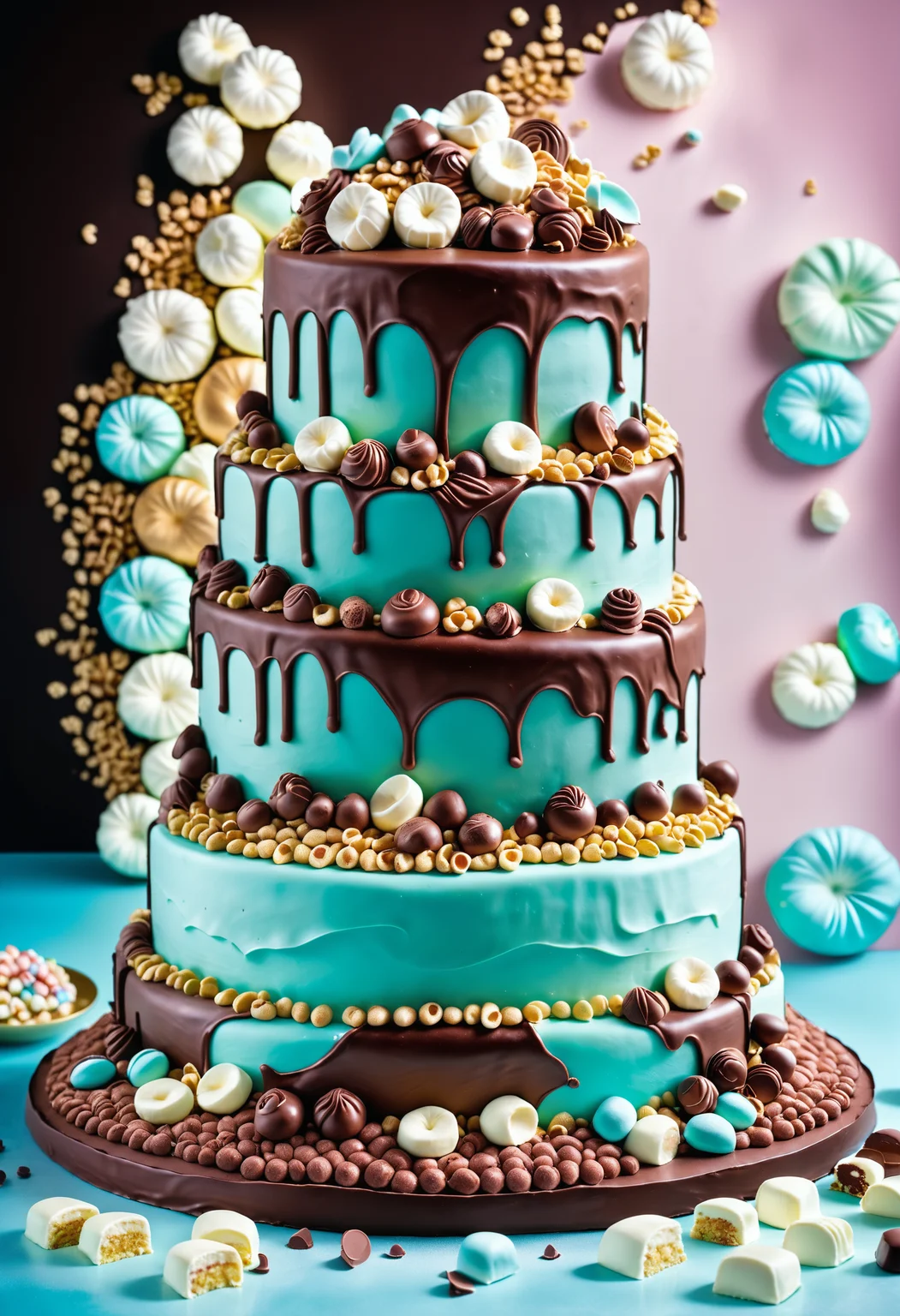 A masterpiece of a giant cake, (Turquoise theme:0.7) , (Kuiper Belt:1.3) , anthropomorphic, 800mm lens, Jed-ChocoC, chocolate, cereals, <lora:last:0.7>, Jed-whtccae, <lora:WhiteChocoStyle-000005:0.6>, Jed-mrshmlw, <lora:MarshmallowStyle-000007:0.5>, Icing, stunningly beautiful background, masterpiece, positive emotions, ambient light, ambient, surreal, sublime