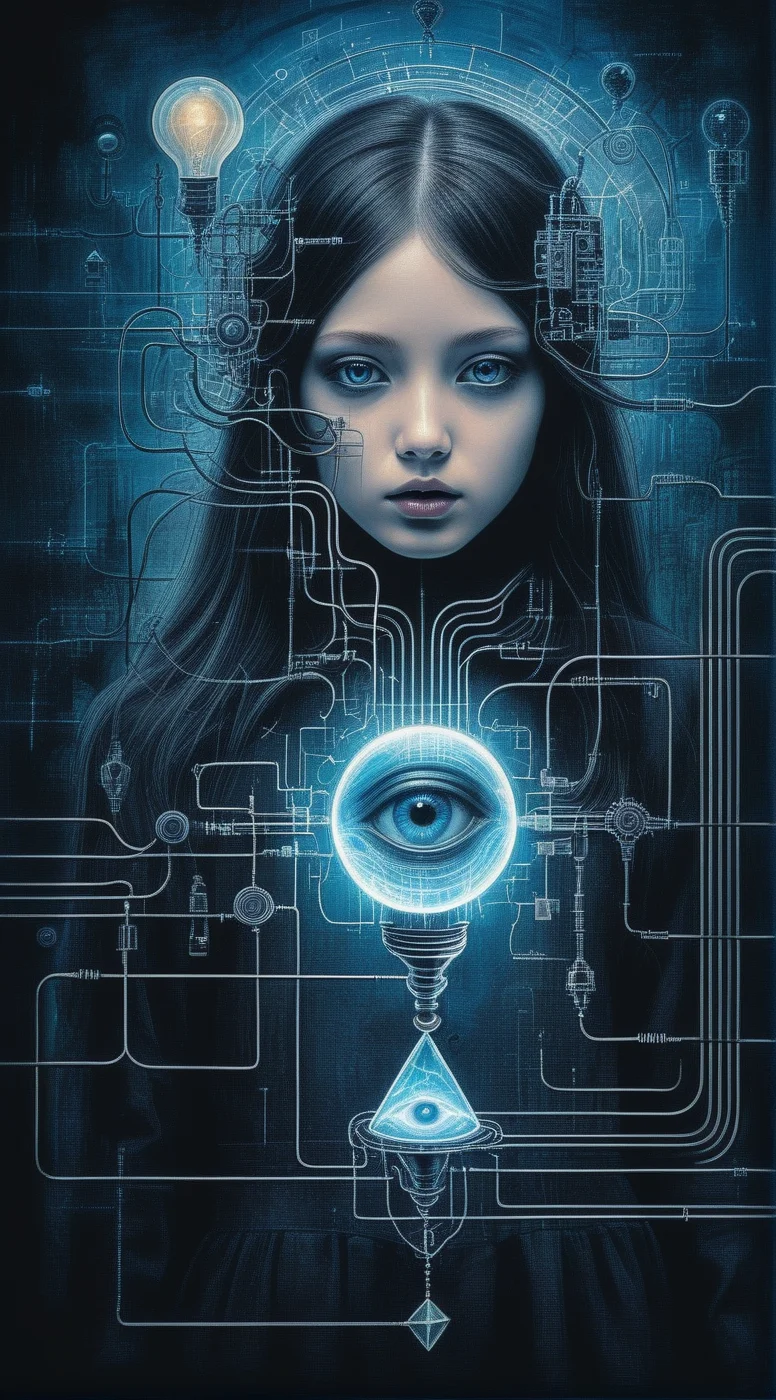ampereart In the depths of the electrical, a dark and mysterious world unfolds, where a surreal death girl with eyes of liquid blue wanders, lost in electrical enigmatic dreamscape surrealistic electrical diagrams<lora:ampereart:1>