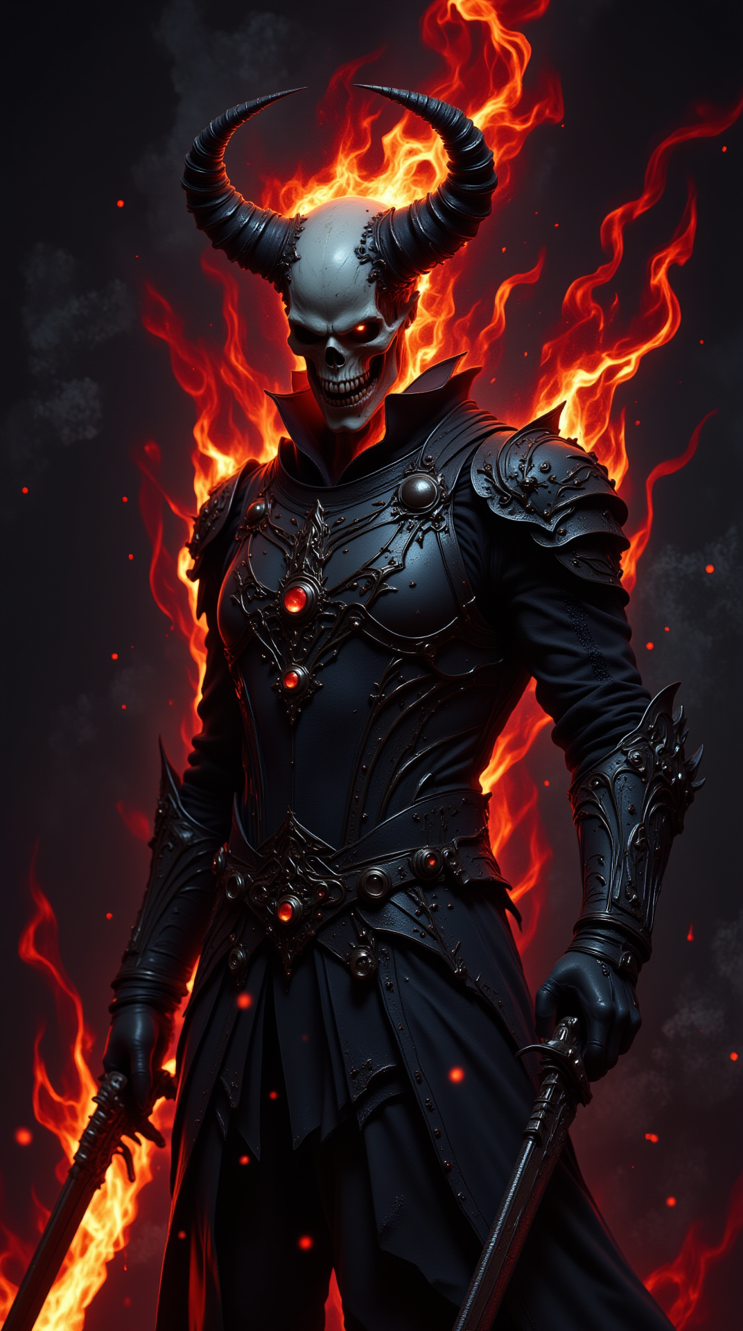 A menacing figure with a skeletal face engulfed in flames of red and orange, blending with the shadows of a dark, textured background. The figure wears weathered, medieval-inspired armor with intricate detailing, emanating an aura of dread and fiery power. The hauntingly detailed skull contrasts with the fiery chaos surrounding it.