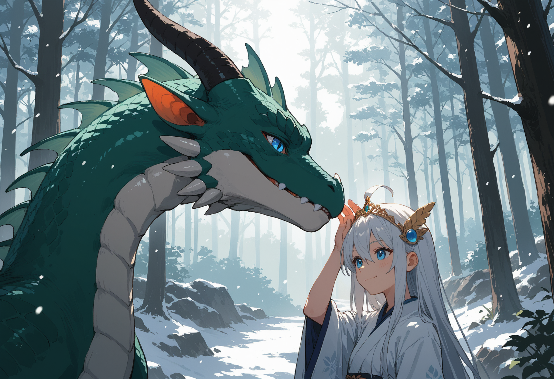 score_9, score_8_up, score_7_up,source_anime,1girl,solo,white hair,very long hair,hair between eyes,ahoge hair,blue eyes,perfecteyes,eyebrows,white kimono,green lining,tiara,hair ornament,sunny,sunlight,snowing,giant dragon,petting the dragon,looking at dragon,smile,forest,trees,plants,sinozick,flat colors