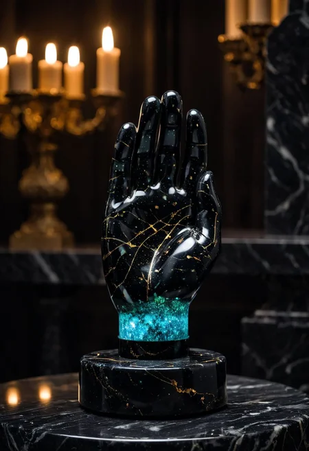 Fujifilm XT3, Sony A7 IV, (award winning photography) a (black: 0.89) marble (real Human hand: 1.35) made of opal (Kintsugi: 0.89) set on a pedestal in temple, glistening. in the background beautiful pillars, divine (iridescent: 0.79), opalescent textures, volumetric light, ethereal, sparkling, studio photo, highly detailed, sharp focus (highest quality: 1.39) (highest coherency: 1.39) (award winning photography), highly detailed photography, (muted colors, cinematic, dim colors, soothing tones:1.2), vibrant, insanely detailed, hyperdetailed, (dark shot:1.2), (vsco:0.3), (intricate details:0.9), (hdr, hyperdetailed:1.2) (vignette), sss, raw photo, fijifilm, kodak, cinematic film grain