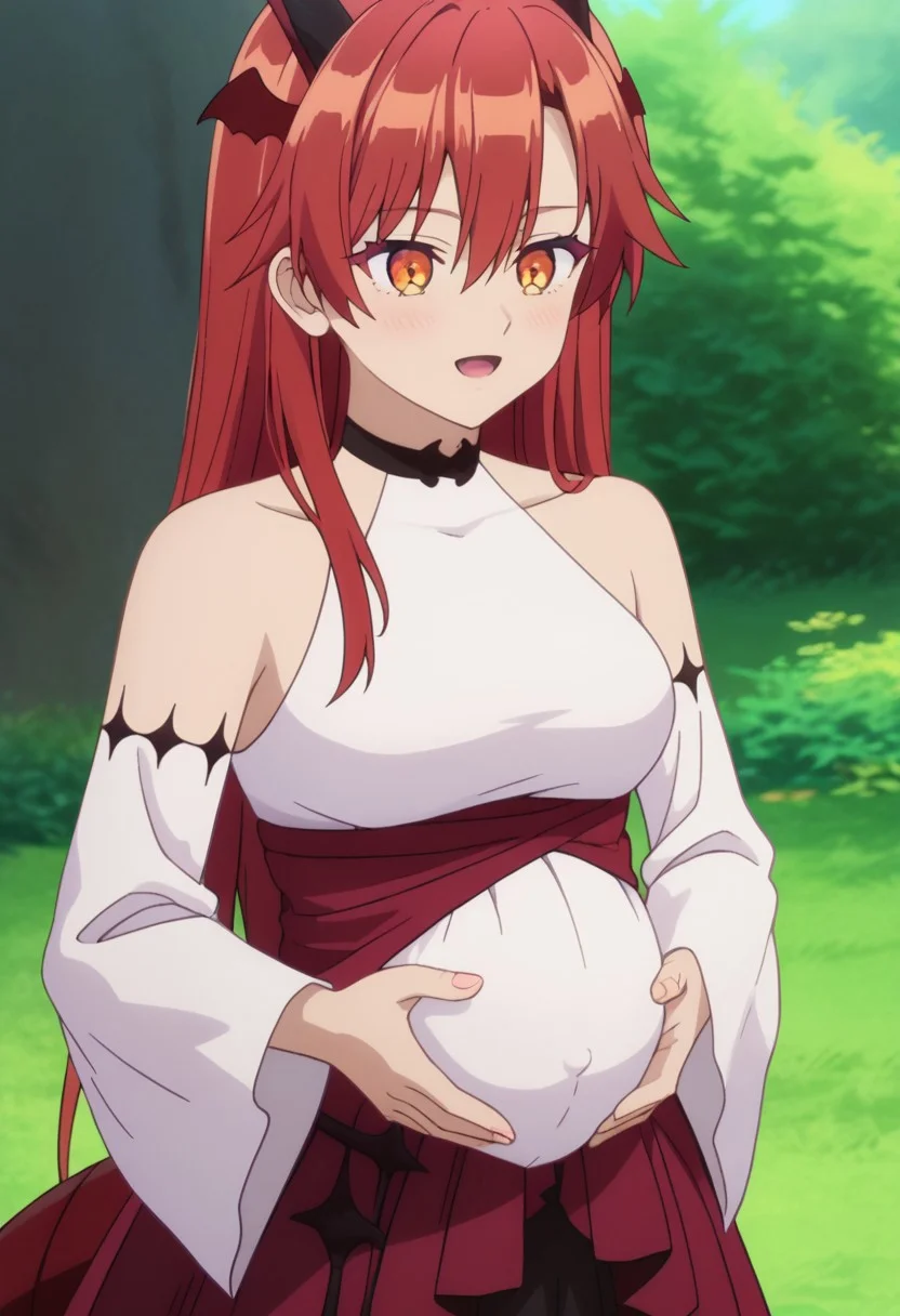 score_9, score_8_up, score_7_up, best quality, masterpiece, 4k, perfect lighting, very aesthetic, anime, anime coloring, official art, anime screencap,
OverallDetail, fFaceDetail
, happy, hand on belly, 
taniav2, red hair, long hair, horns, dragon horns, orange eyes, hair between eyes, dragon girl, head wings, dragon tail, huge pregnant belly,
bare shoulders, long sleeves, detached sleeves, white sleeves, collarbone, white shirt, red skirt, dress, wide sleeves, choker, black thighhighs, leotard under clothes,