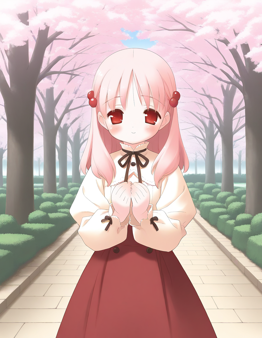 general,highres, ultra-detailed,very aesthetic,best quality ,best hands,  BREAK <lora:Kiriyama_Sakura_IS:1> KiriyamaSakura, pink hair, flat chest, red eyes, hair ornament, 
1girl, solo, tree, outdoors,  cherry blossoms, red long sleeves, red skirt,  long hair,
extreme close upã