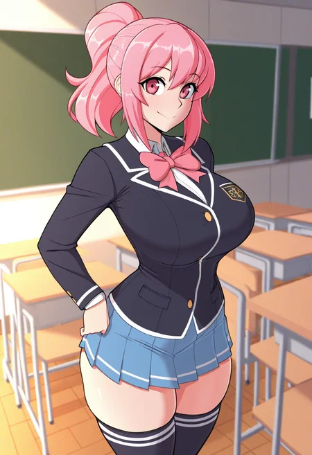 ,masterpiece, best quality, <lora:maruzyrukun:1> m4r0zyr0k0n, 1girl, solo,standing,looking at viewer, happy, closed mouth,pink hair, ponytail, pink eyes, large breasts, school uniform, bow, long sleeves, skirt, skindentation, thighhighs, indoors, classroom,