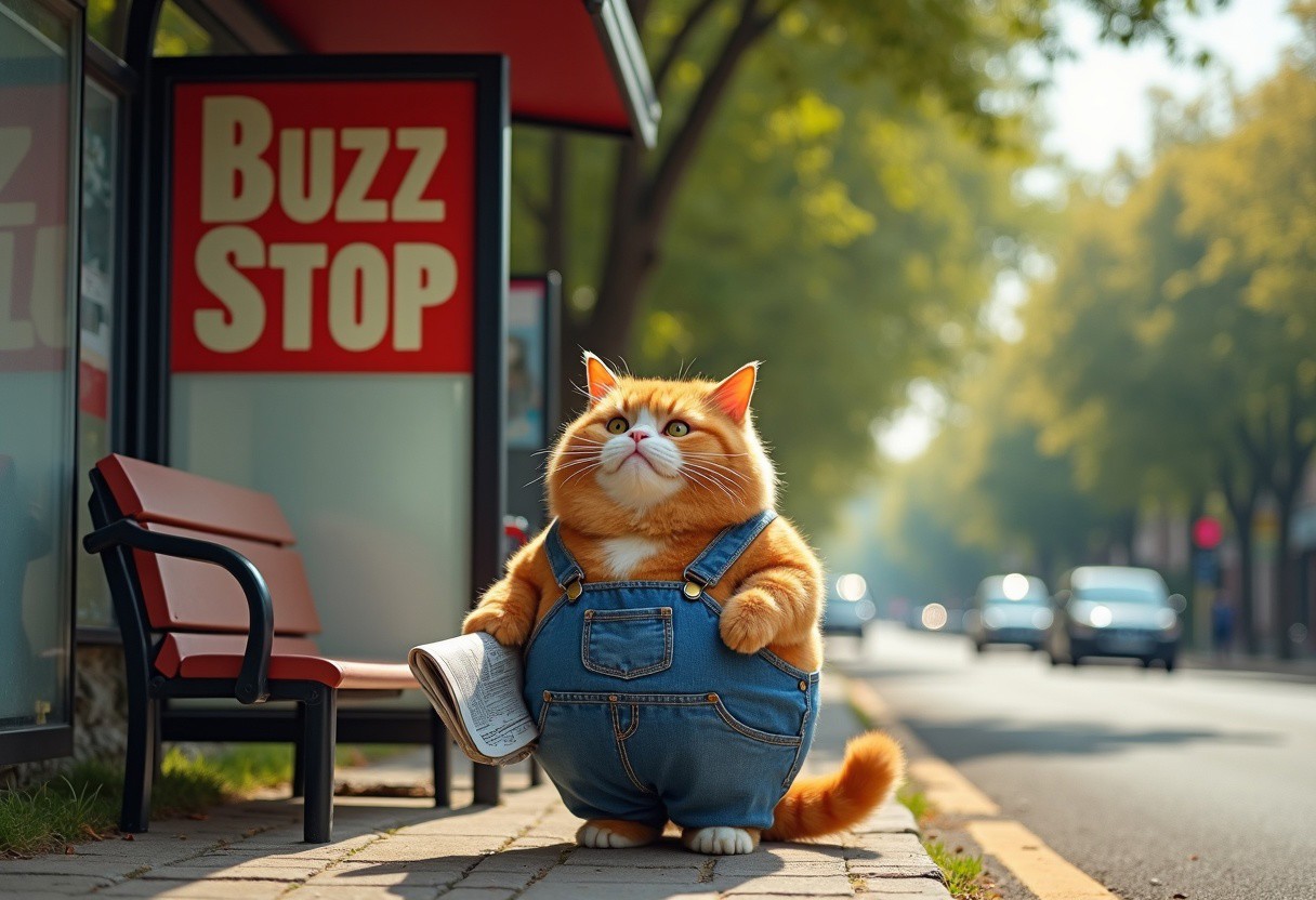 A plump, fluffy cat, with soft orange fur and a round belly, stands at a small, slightly worn bus stop. The cat is dressed in a pair of denim overalls that look a little snug around its rotund figure, the straps stretched slightly over its broad shoulders. Its tiny paws clutch a newspaper, and it stares off in the distance with a patient, relaxed expression, as if used to the routine of waiting. Behind the cat, there’s a large, colorful sign above the bus stop that humorously reads "Buzz Stop" in bold, playful letters. The bus stop itself is situated on a quaint, peaceful street, with a few tall, leafy trees swaying gently in the background, their shadows dancing on the pavement below.