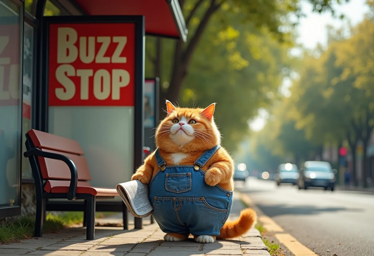 A plump, fluffy cat, with soft orange fur and a round belly, stands at a small, slightly worn bus stop. The cat is dressed in a pair of denim overalls that look a little snug around its rotund figure, the straps stretched slightly over its broad shoulders. Its tiny paws clutch a newspaper, and it stares off in the distance with a patient, relaxed expression, as if used to the routine of waiting. Behind the cat, there’s a large, colorful sign above the bus stop that humorously reads "Buzz Stop" in bold, playful letters. The bus stop itself is situated on a quaint, peaceful street, with a few tall, leafy trees swaying gently in the background, their shadows dancing on the pavement below.