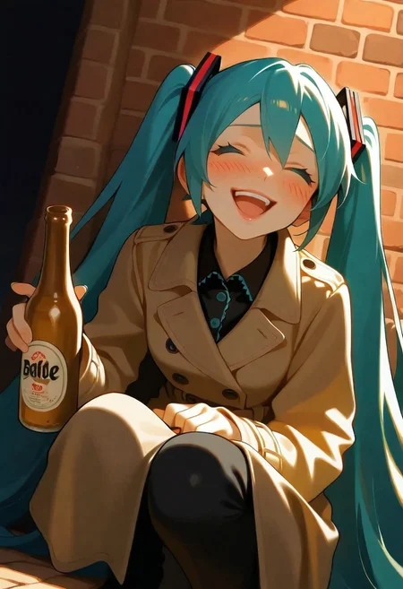 1girl, solo, hatsune miku, lips, trench coat, holding beer bottle, pointing forward, laughing, slav squatting, closed eyes, blush, brick wall, dutch angle, dark night, sidelighting, masterpiece, best quality, very aesthetic