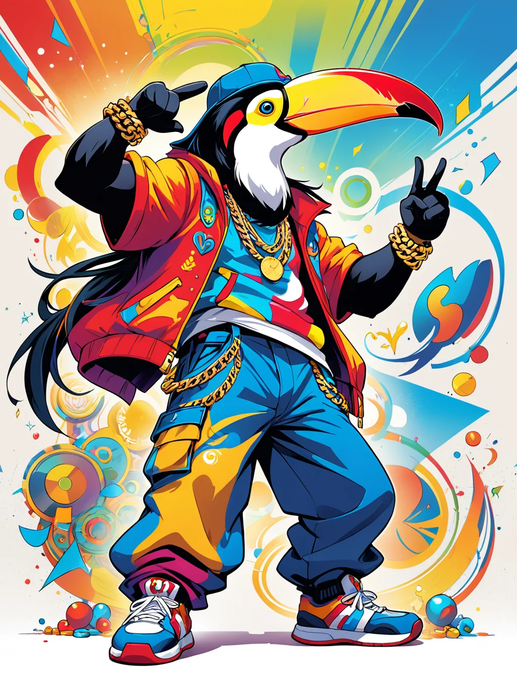 ((style of Philippe Druillet:Bastien Lecouffe-Deharme)), (abstract:1.4), colorful anthropomorphic toucan in a hip hop clothes, baggy pants, doing gang signs, gold chains around neck, tattoos, <lora:SDXL_neg4all xl v9.1:1>, professional illustration