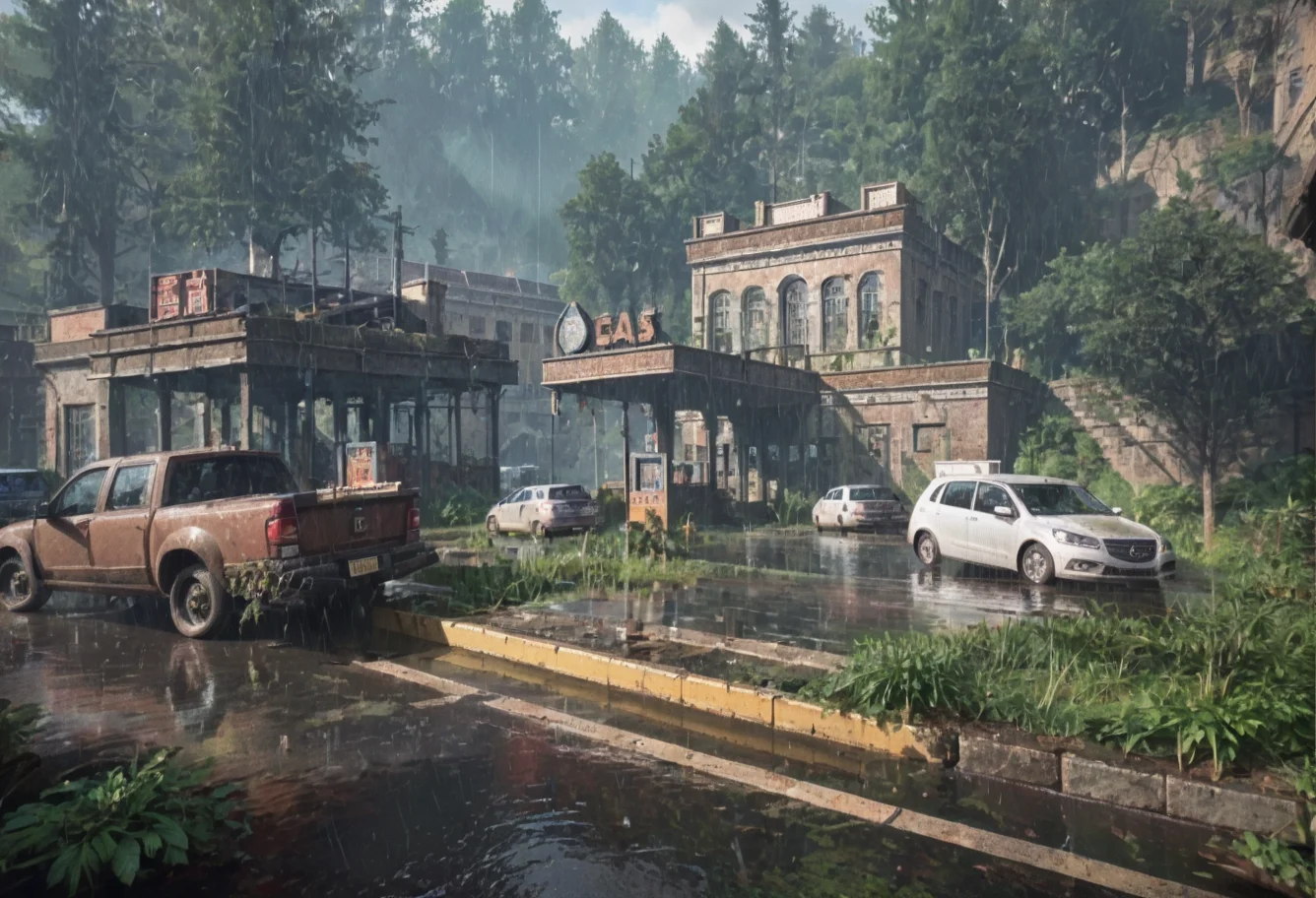 ,ruanyi0763,outdoors,tree,building,ruins,gas station,,ruanyi0714,water drop,rain,<lora:0763 post apocalypse_v1_pony:0.9>,<lora:0714 rainy day_v1_pony:1>, score_9,score_8_up,score_7_up,,8k,1girl,solo,