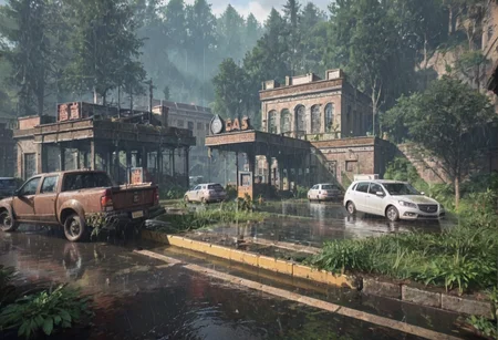,ruanyi0763,outdoors,tree,building,ruins,gas station,,ruanyi0714,water drop,rain,<lora:0763 post apocalypse_v1_pony:0.9>,<lora:0714 rainy day_v1_pony:1>, score_9,score_8_up,score_7_up,,8k,1girl,solo,