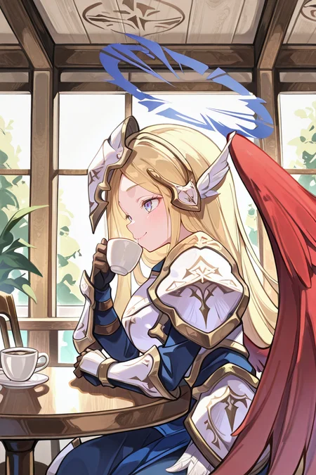 masterpiece, best quality, amazing quality, very aesthetic, absurd, newest, detailed eyes, <lora:illustrious_quality_modifiers_masterpieces_v1:0.8> , solo, <lora:ChamIllustriousBackgroundEnhancer:0.5>, detailed background, <lora:Kitn_marietta_illust:0.9> , Kitn_marietta_illust, blonde hair, wings, halo, armor, solo, cafe, drinking coffee, interior, interior, sitting, smile, looking at viewer, cowboy shot, large breasts,