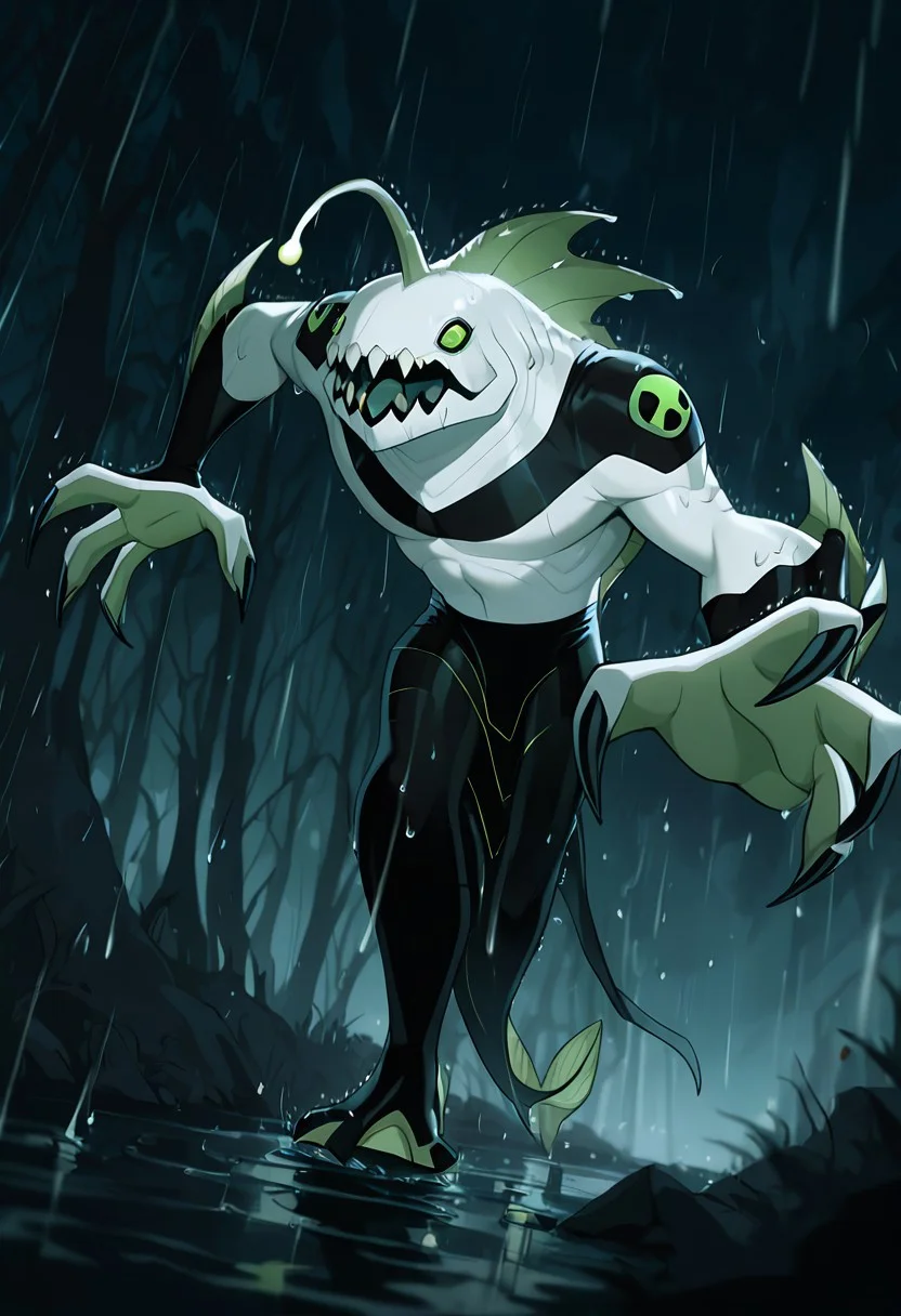 masterpiece, best quality, amazing quality, very aesthetic, absurdres, newest,,
ripjawsov, no humans, sharp teeth, teeth, colored skin, monster, pale skin, angler fish lure, green eyes, small eyes, , monster boy, claws, digimon (creature), fins, , square jaw
open mouth, on land, rainy night, heavy rain, dark night, walking in streets, attacking, dynamic pose, reaching mouth, grabbing,