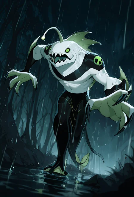 masterpiece, best quality, amazing quality, very aesthetic, absurdres, newest,,
ripjawsov, no humans, sharp teeth, teeth, colored skin, monster, pale skin, angler fish lure, green eyes, small eyes, , monster boy, claws, digimon (creature), fins, , square jaw
open mouth, on land, rainy night, heavy rain, dark night, walking in streets, attacking, dynamic pose, reaching mouth, grabbing,