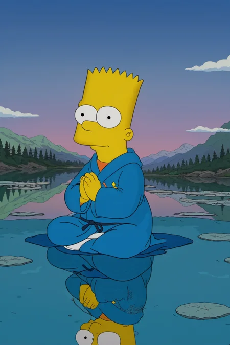 (best quality, high quality:1.2), bart simpson wearing a blue robe meditating in the middle of a lake with hands clasped together praying, scene from the film Spring, Summer, Fall, Winter... and Spring (2003) by Kim ki-duk, (setting sun background)
<lora:bart_simpson_sdxl_v1:0.8>