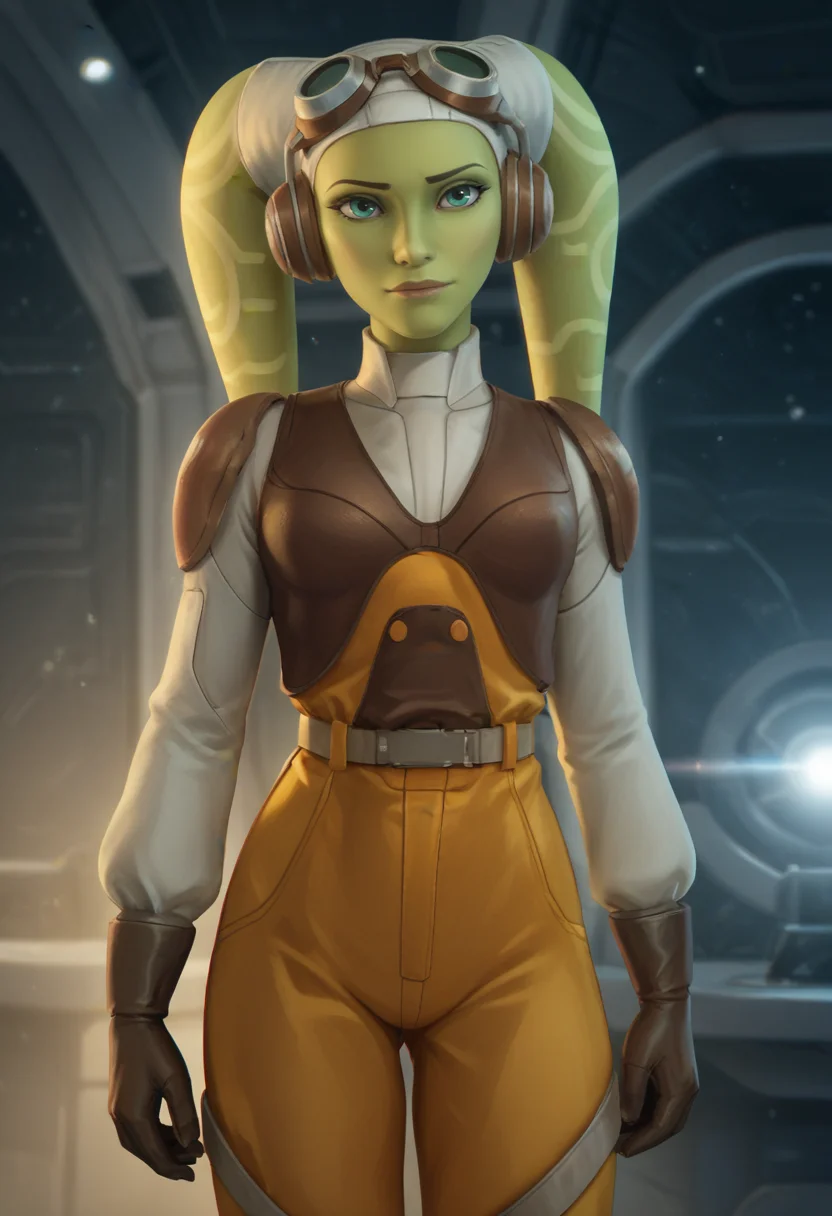score_9, score_8_up, score_7_up, <lora:hera_syndulla:0.8> hera syndulla, belt, brown gloves, orange pants, vest, hangar, space ship, backlighting, chromatic aberration,