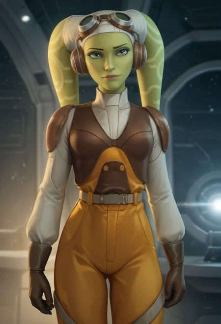score_9, score_8_up, score_7_up, <lora:hera_syndulla:0.8> hera syndulla, belt, brown gloves, orange pants, vest, hangar, space ship, backlighting, chromatic aberration,