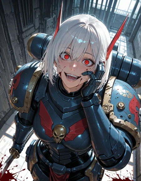masterpiece, best quality,high quality, newest, highres,8K,HDR,absurdres, NightL40K, 1girl, power armor, teeth, open mouth, blood on face, smile, white hair, crazy eyes, holding katana, hand on own cheek, upper body, backlighting, from above, dutch angle, , close-up, photorealistic, dutch angle, from above, (((blood splatter))),fisheye, , masterpiece, best quality, amazing quality, very aesthetic, absurdres, newest, scenery, volumetric lighting <lora:ILLNightL40K:1>
