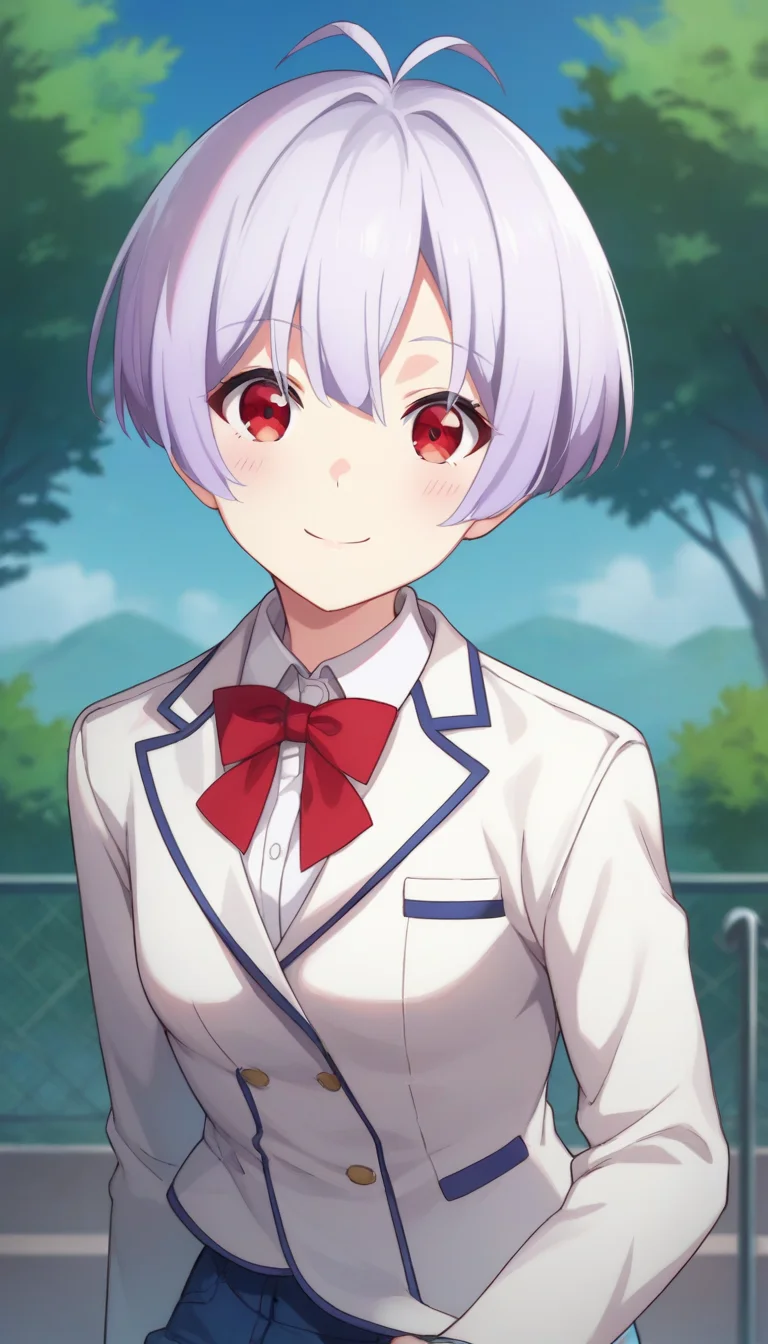 score_9,score_8_up,score_7_up,score_6_up BREAK official art,solo,outdoors,upper body,(portrait:1.5),looking at viewer,facing viewer,smile,blush,Irina Ilyukhina,antenna hair,short hair,light purple hair,hair between eyes,parted bangs,red eyes,school uniform,white jacket,wing collar,blazer,red necktie,white shirt,collared shirt,long sleeves,small breasts,denim shorts,short shorts,white socks,loafers,brown footwear,<lora:Irina Ilyukhina(rf)-Pony:1.4>,
