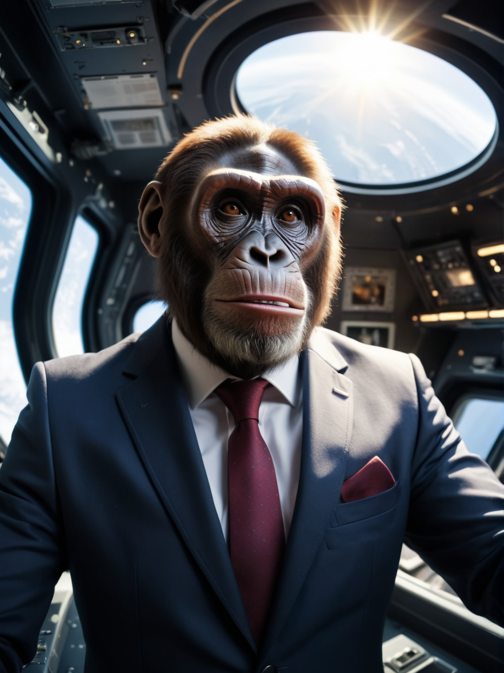 optic angle UHD HDR 32k pov selfie of australopithecus politician wearing suit in the spaceship, beautiful sun and earth