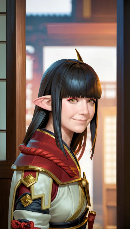 score_9,score_8_up,score_7_up,
<lora:hinoa:0.9>,
mhhinoa,
photorealistic,
1girl,solo,black hair,medium hair,blunt bangs,yellow eyes,looking at viewer,smile,pointy ears,
white japanese robe top,
portrait,closed mouth,
blurry background,indoors,wooden indoors,lens flare,the blurry outer scene is visible through the door,