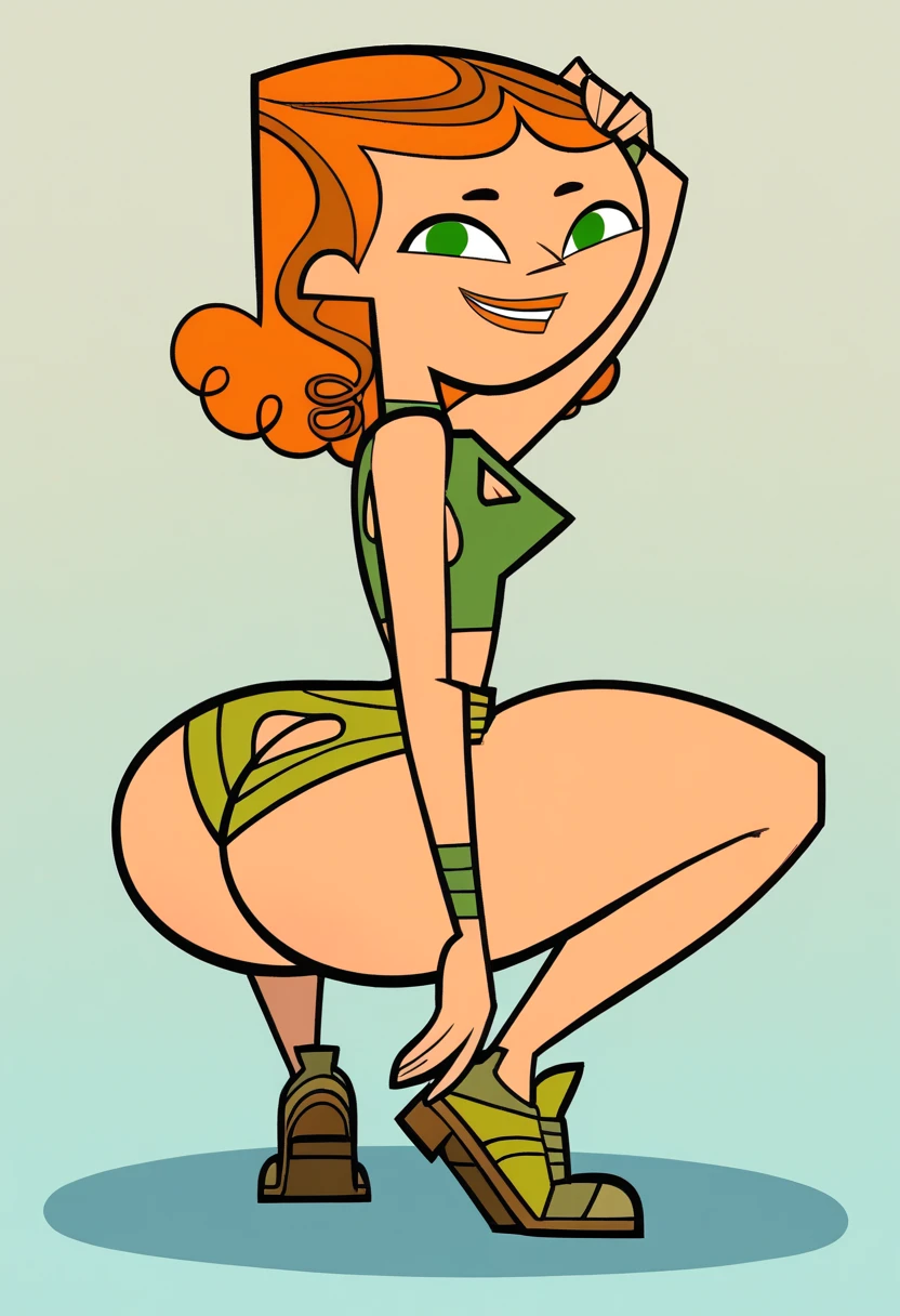 IzzyTDI, 1girl, curly orange hair, green eyes, green top with a triangle cutout, green skirt tied at the waist, green shoes, green bracelet on left arm, orange lips, lipstick, solo, full body, looking at viewer, dancing, twerking, ass focus, huge ass, bubble butt, bottom heavy, squatting, official style