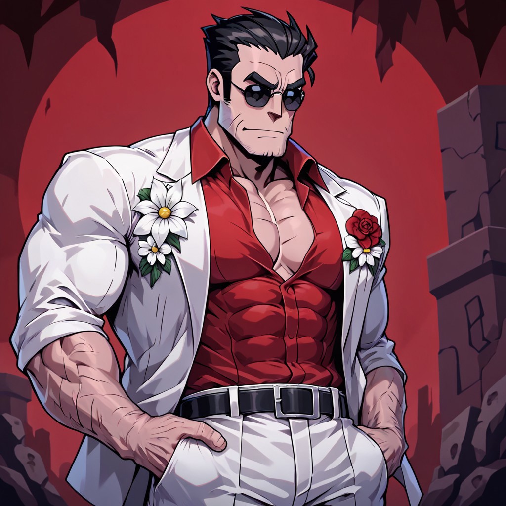 masterpiece, best quality, newest, absurdres, highres, FCMXV1.0, 1boy, helltaker (helltaker), black hair, short hair, muscular, muscular male,
sunglasses, glasses, 
white jacket, white pants, black belt, red shirt, formal clothes, flower in clothes, open jacket