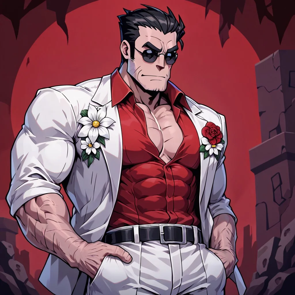 masterpiece, best quality, newest, absurdres, highres, FCMXV1.0, 1boy, helltaker (helltaker), black hair, short hair, muscular, muscular male,
sunglasses, glasses, 
white jacket, white pants, black belt, red shirt, formal clothes, flower in clothes, open jacket
