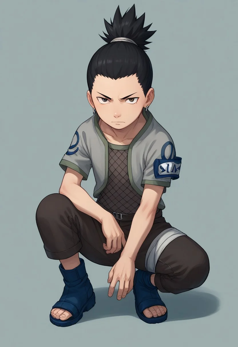 score_9, score_8_up, score_7_up, highly detailed, cute boy, 1boy, solo, young, Shikamaru_Nara, Brown Eyes, Black Hair, Ponytail, Earrings, Grey Jacket, Armband, Fishnet Shirt, Brown Pants, Toeless Footwear