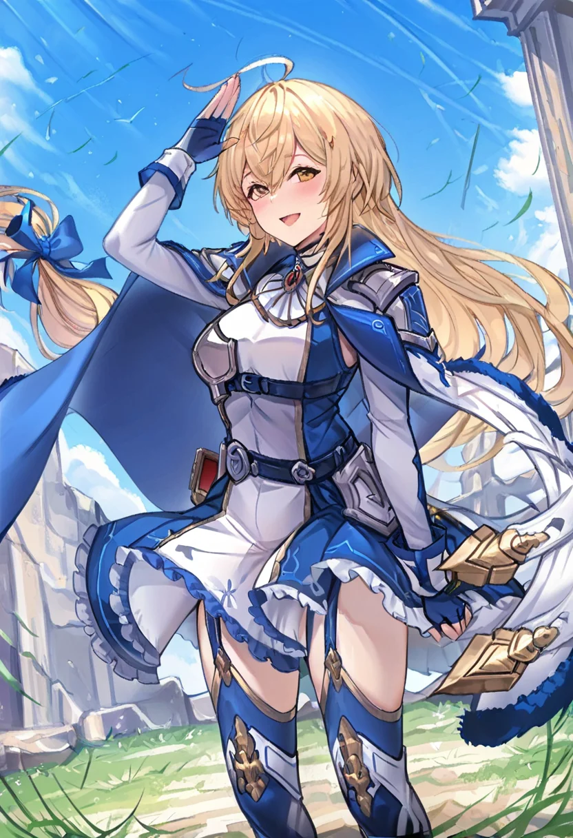 masterpiece,best quality,absurdres,perfect lighting,outdoors,grass,day,wind,blue sky,standing,
*//*,<lora:Rizette_LL-Illustrious:1>,rizette_ll,1girl,solo,blonde hair,long hair,(low-tied long hair:0.9),ahoge,yellow eyes,hair bow,blue bow,dress,armor,shoulder armor,fur trim,fingerless gloves,thighhighs,garter straps,boots,cape,hair ornament,
*//*,looking at viewer,cowboy shot,light smile,open mouth,jumping,arm up,