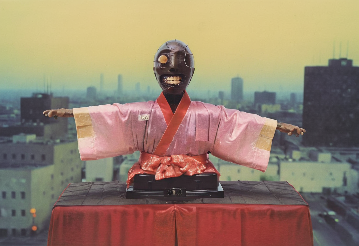 photography in the style of detailed hyperrealism,cinematic composition,sky,dof,perfectly focused, Peter Doig,Nan Goldin,fantasy, creature in a kimono sits in the middle of the street, uncanny, lynch style <lora:lynchstyle_v0.0.3:1.5>