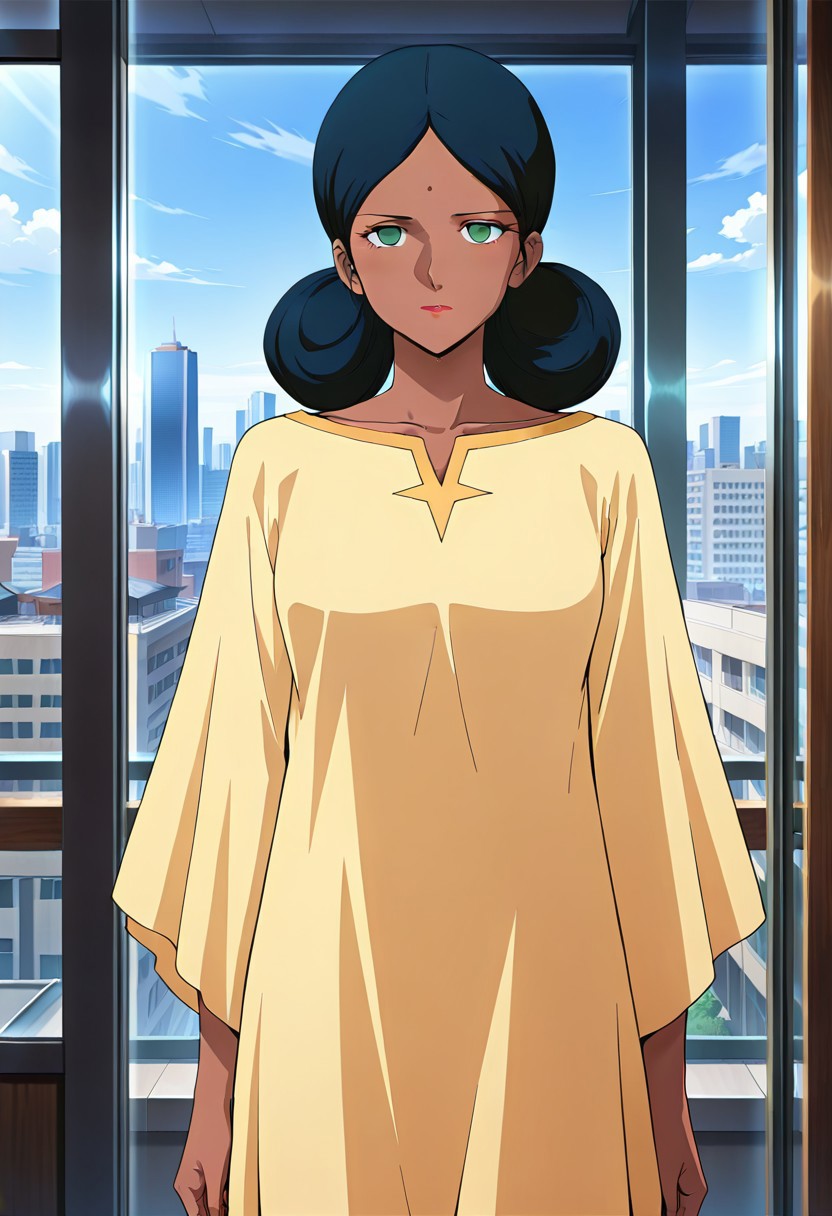 ((masterpiece, absurdres)), best quality, amazing quality, newest, 4k, anime coloring, very aesthetic, ray tracing, Smooth Quality, CG, source_anime,
city view,lalah, 1 female, dark skin, double bun hairstyle, blue hair, green eyes, red lips, forehead mark, yellow long dress,