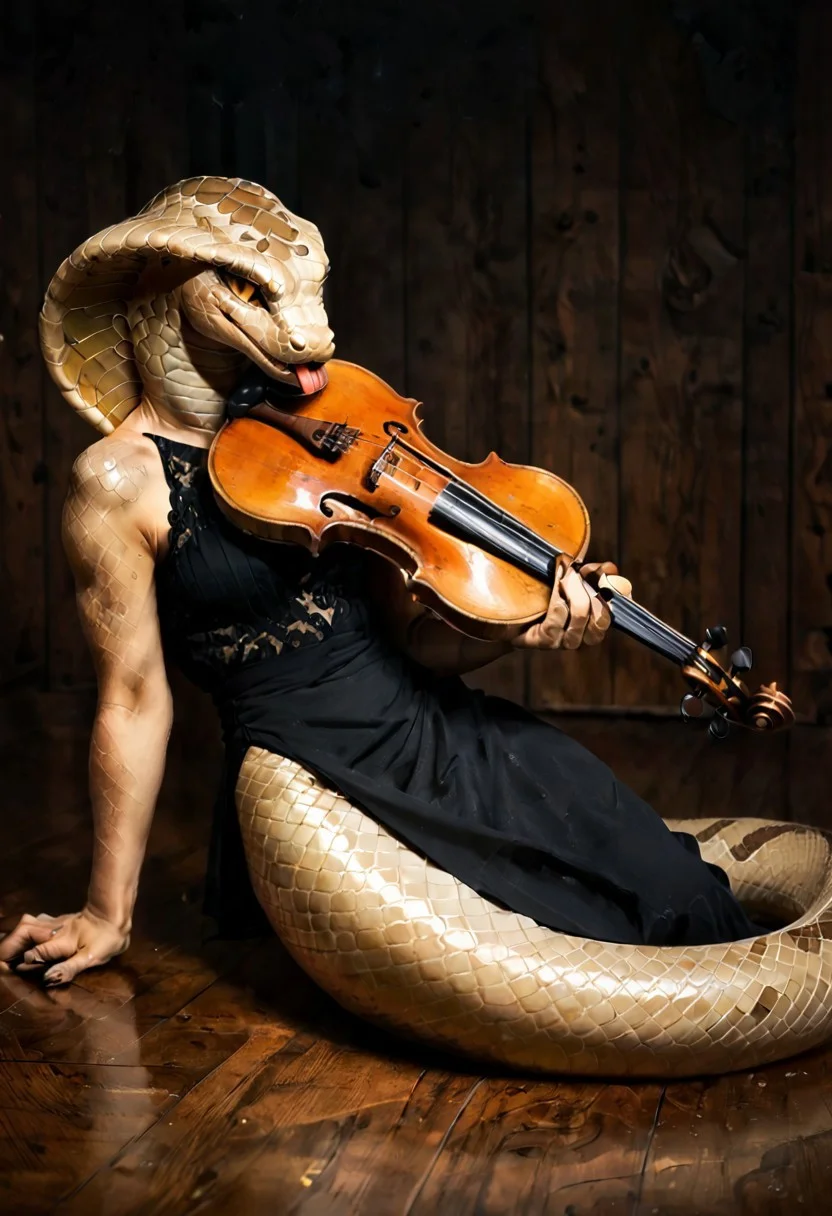 score_9, score_8_up, score_7_up, hi res, high quality, anthropomorphic_snakes_(naga), solo, gold body, coloured sclera, slit pupil, lying, scales, violin
playing violin, bow (music) on a stage with his Naga band, tail, coloured sclera, tongue, long black hair, topknot, <lora:Anthropomorphic_snakes_Naga:1>