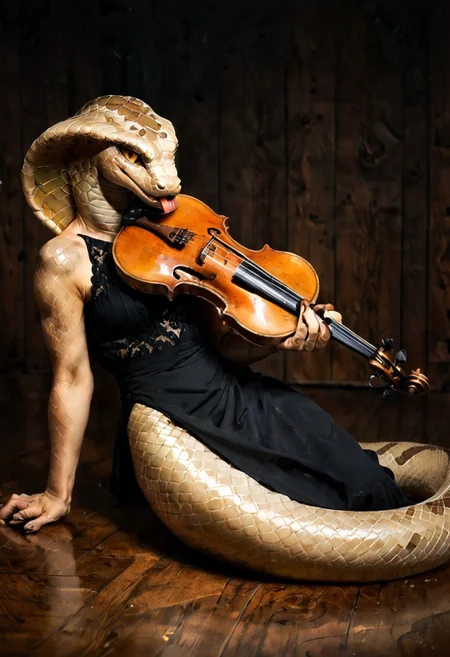 score_9, score_8_up, score_7_up, hi res, high quality, anthropomorphic_snakes_(naga), solo, gold body, coloured sclera, slit pupil, lying, scales, violin
playing violin, bow (music) on a stage with his Naga band, tail, coloured sclera, tongue, long black hair, topknot, <lora:Anthropomorphic_snakes_Naga:1>