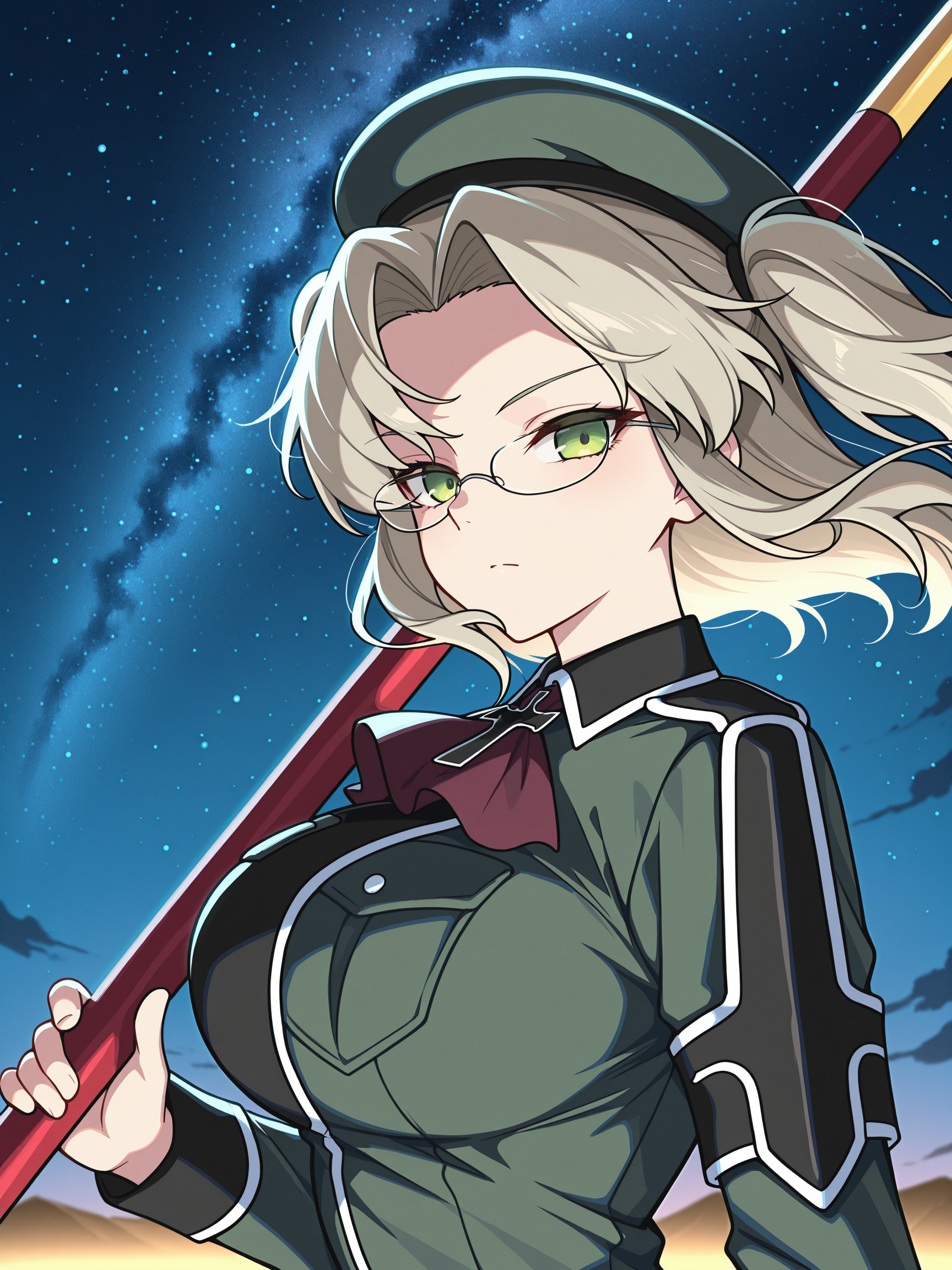masterpiece, best quality, amazing quality, artist:[diyokama|say hana|lam]
(solo:1.4), Imu_IL, green eyes, glasses, platinum hair, twintails, two side up, large breasts, Imu_shinobi, green beret, black epaulettes, black biceps element, burgundy neckerchief, black element on neckerchief, school military uniform, green overcoat, black lapel, long sleeves
polearm, bo, holding, looking at viewer, holding polearm, night, floating hair, sky, night sky, outdoors, star \(sky\), upper body, starry skynewest, absurdres, highres, very aw
<lora:SK_Imu_IL:0.8>