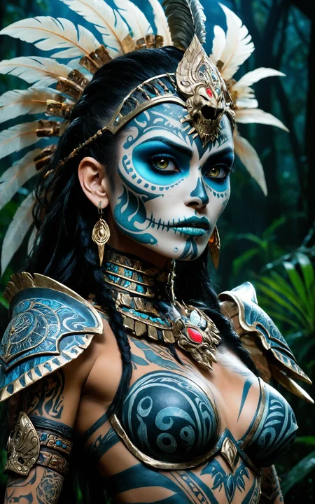 3D anime-style, Amazoness warrior with skeletal makeup, very tall and muscular, tribal tattoo, stunning beauty, high detail, dynamic composition, intricate textures, regal pose, dark surrounding, low light, nighttime setting, realistic shadows, ethereal, strong and graceful, wearing skeletal armor, jungle background, confident and majestic, ultra-quality, expressive eyes, detailed skeletal makeup, moonlight, thick fog, light particles shining from the moonlight