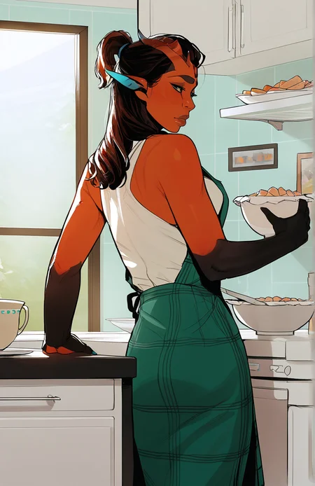 A beautiful Puazi woman, score_9_up, score_8_up, score_7_up,incredibly detailed, incredibly realistic, professional artist, dramatic lighting, incredibly beautiful woman, horns,sitting on a kitchen counter, wearing an apron, refrigerator, kitchen counter,viewed from behind,
 <lora:Puazi_Pony:1> <lora:incase-ilff-v3-4:0.4> <lora:CALM_testXL_4image_125steps:0.3>