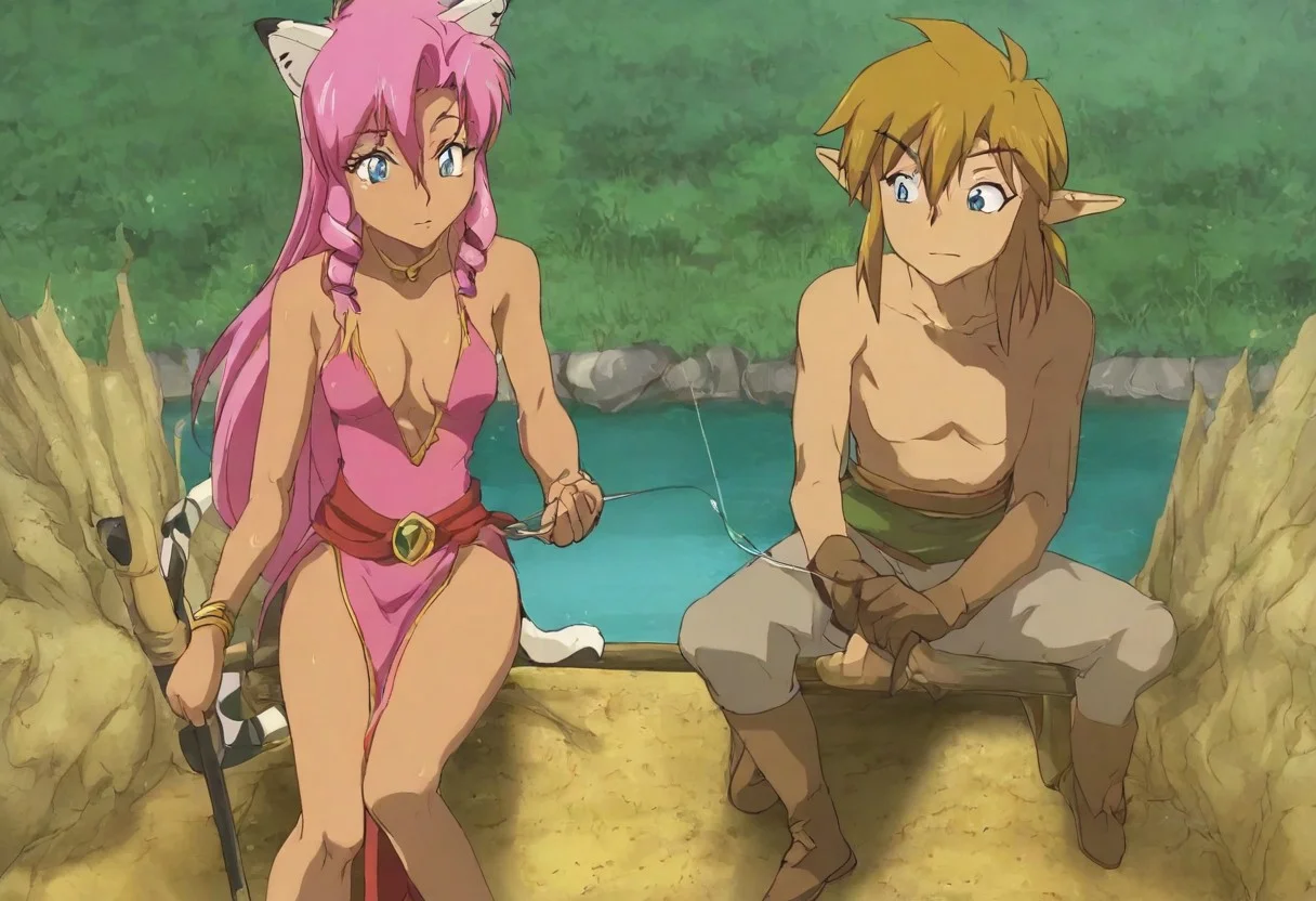 Pink_DragonPink, 1girl, sleeveless dress, white tiger print dress, pelvic curtain, cleavage, white tiger tail, red sash, small breasts, leather shoes, masterpiece, very aesthetic, <lora:pink-illustrious:1>,
Break
(anime, anime coloring:1.3),1boy,Anime screencap,link (zelda),blonde hair,blue eyes,pointy ears, wearing blue hyilian tunic,
Break
Hyrule field, sunny day, on a lake, sitting at the end of a dock, link (zelda) and Pink_dragonpink fishing at a lake, holding fishing poles, pink_dragonpink pulling up a massive fish from the lake with her fishing pole, link looking at pink in amazement,