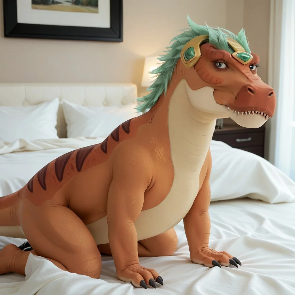 score_9, score_8_up, score_7_up, score_6_up, score_5_up, score_4_up, masterpiece, high quality, realistic, detailed, best quality, white bed, solo, rating_safe, source_furry, bedroom, lying on belly, smiling, seductive, (looking at viewer:1.2), full body, standing, detailed eyes, Tyrannosaurus_ram, dinosaur, tyrannosaurus, orange scales, green hair, tail, claws, 1girl, female, black eyes, headgear, feral