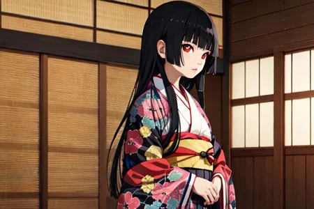 enma_ai short yukata obi, black hair, long hair, indoors, cowboy shot, kimono