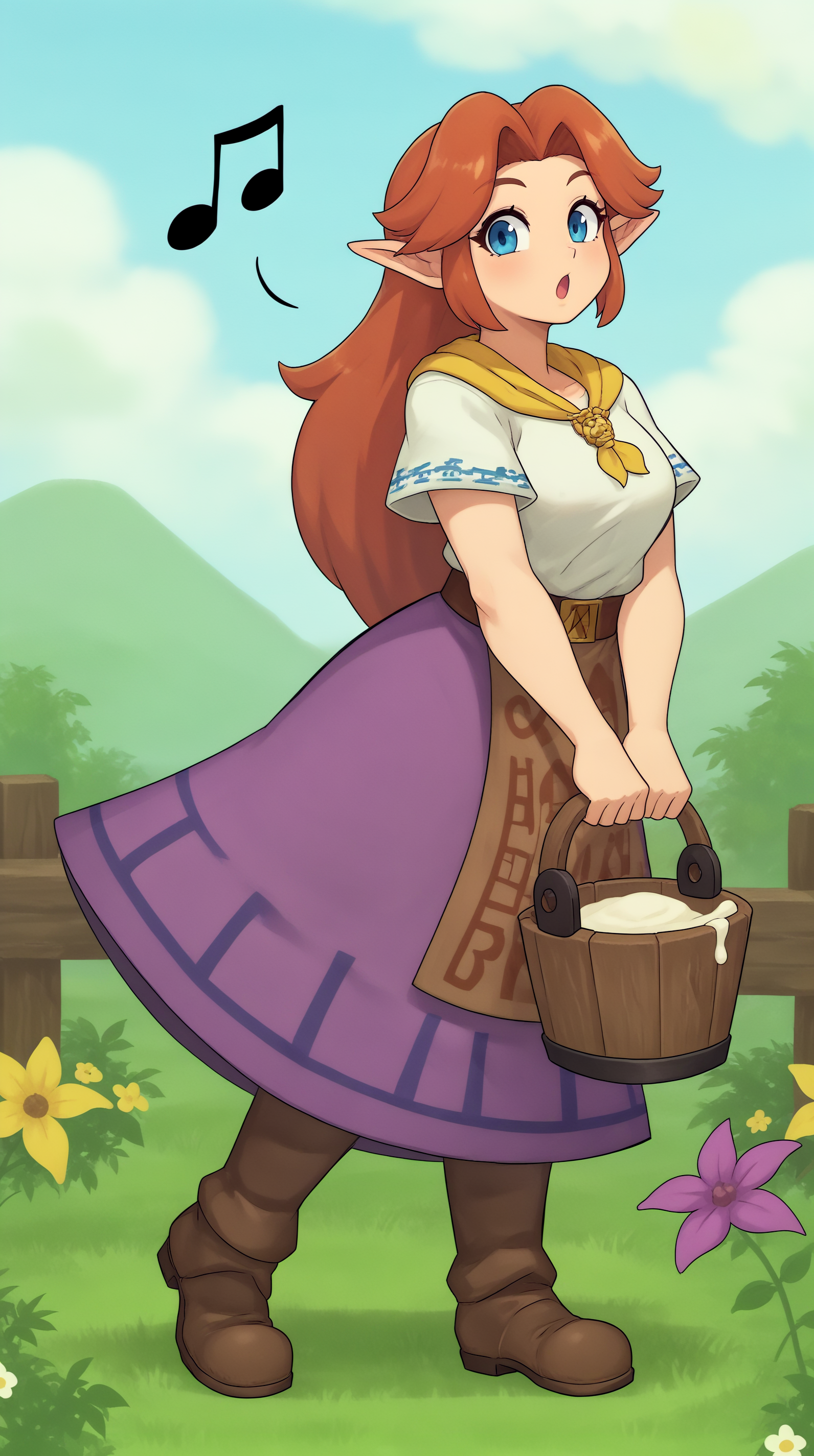 score_9, score_8_up, score_7_up,anime_source, source_anime, best background, detailed background, anime screencap, 4k, upscale,  Malon OOT, Main Outfit, solo, looking at viewer, open mouth, holding, full body, musical note, aged up, bucket, wooden bucket, triforce, holding bucket, outdoors,milk,  <lora:JN_Malon_OOT_Pony:0.8>