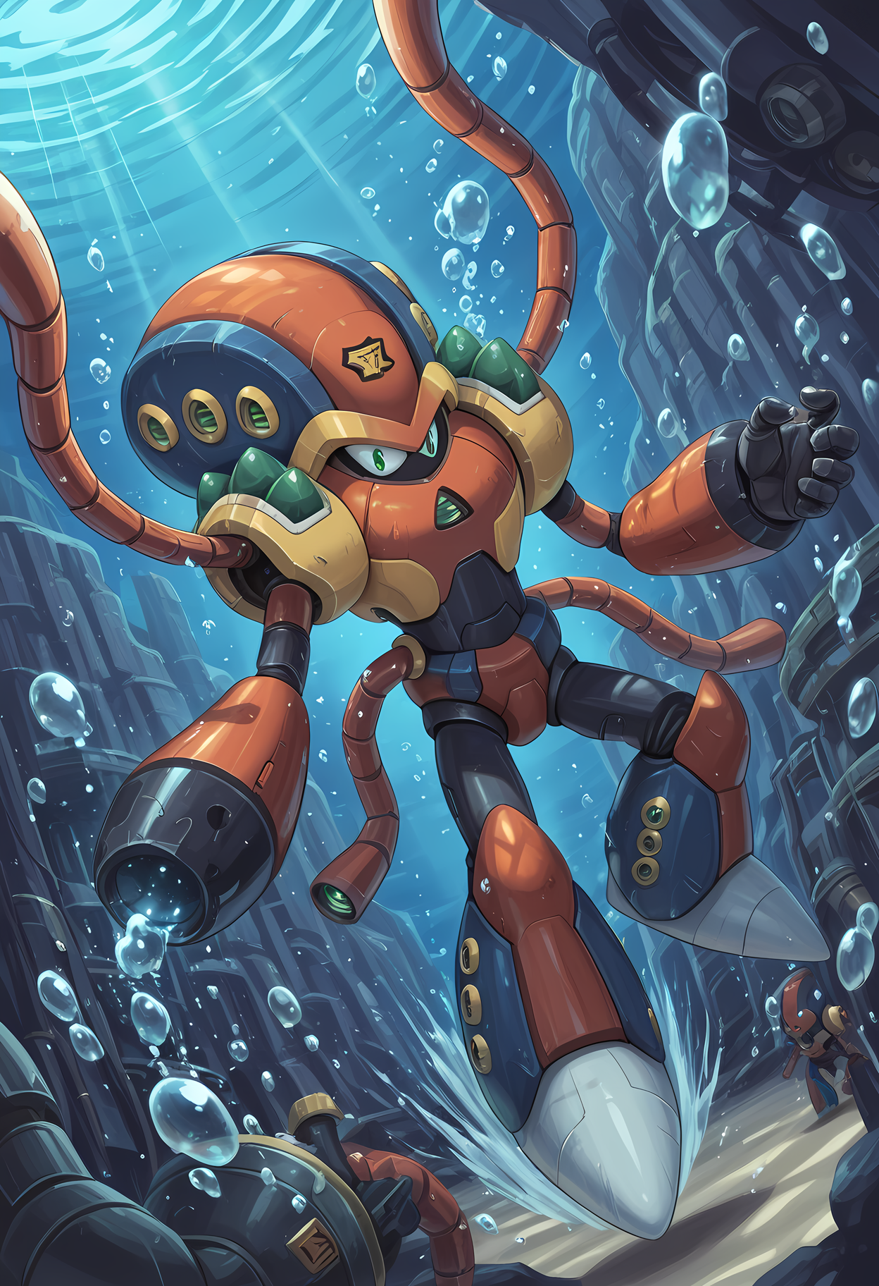masterpiece, best quality, amazing quality, dutch angle, underwater, bubbles, BREAK
1boy, solo, mmx_launchocto, robot, mecha, non-humanoid robot, arm cannon, BREAK
<lora:cfg_scale_boost:.6>  <lora:Launch_Octopus_-_Mega_Man_X_-_ILXL:1>