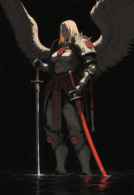 masterpiece, best quality,high quality, newest, highres,8K,HDR,absurdres, 1girl, solo, long hair, breasts, blonde hair, iLLSanguinius40k, weapon, sword, holding weapon, water, armor, wings, leaf, holding sword, katana, rope, wading, beads, torii, shimenawa, planted, planted sword, hand on hilt, samurai, looking at viewer, limited palette, sketch, glowing, psychedelic, simple background, <lora:iLLMythSmo0thL1nes:0.8> Smo0thL1nes, <lora:iLLSanguinius40k:1>