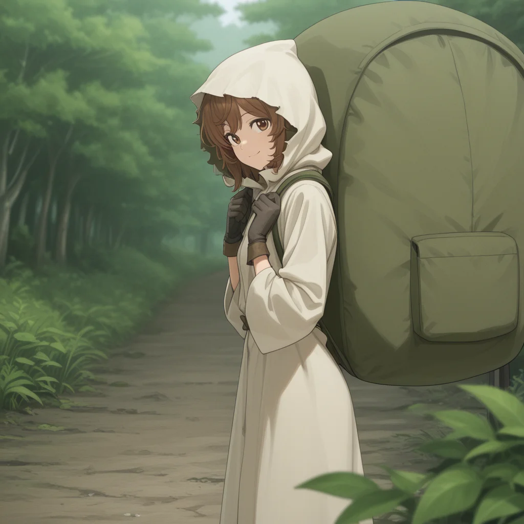 masterpiece, best quality, intricate detailed, best resolution, newest, best aesthetic, highres, absurdres, perfect beautiful accurate depth-of-field, l1l1_cloak, 1girl, viewed from the side, outdoors, brown eyes, medium messy brown hair, open cloak, , hood_up, huge backpack, wearing huge backpack, boots, gloves, happy grinning, looking at the viewer