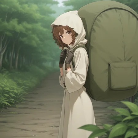 masterpiece, best quality, intricate detailed, best resolution, newest, best aesthetic, highres, absurdres, perfect beautiful accurate depth-of-field, l1l1_cloak, 1girl, viewed from the side, outdoors, brown eyes, medium messy brown hair, open cloak, , hood_up, huge backpack, wearing huge backpack, boots, gloves, happy grinning, looking at the viewer