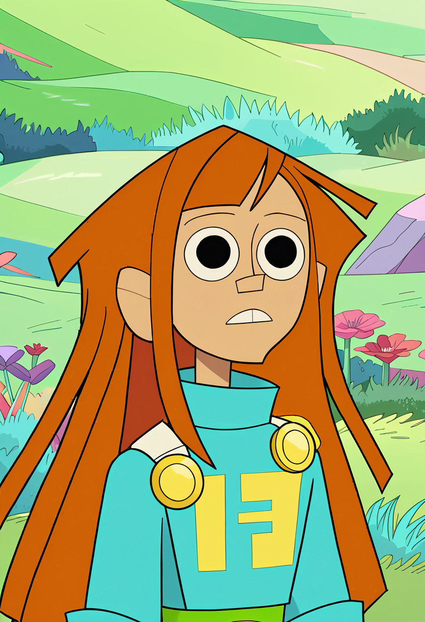 <lora:TwelveForever_Reggie_Pony:1.1>, reggie \(endless\), reggie \(twelve\), reggie, twelve forever, 1girl, solo, orange hair, long hair, black eyes, bangs, flower field, masterpiece, best quality, score_9, score_8_up, score_7_up