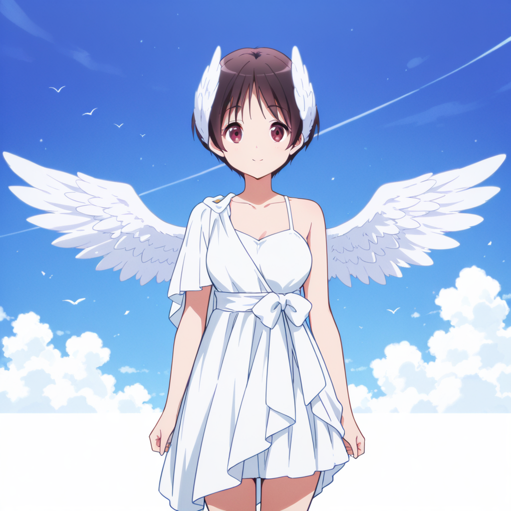 masterpiece, best quality, amazing quality,1girl, solo, love_chunibyo_other_delusions_kumin_tsuyuri, standing, smile, eyes-open, red eyes, short hair, wings, brown hair, single bare shoulder, angel wings, white wings, collarbone, feathered wings, white dress, head wings, breasts, facing viewer, closed mouth, greek clothes, bare shoulders, sky, <lora:Kumin_Tsuyuri:0.7>