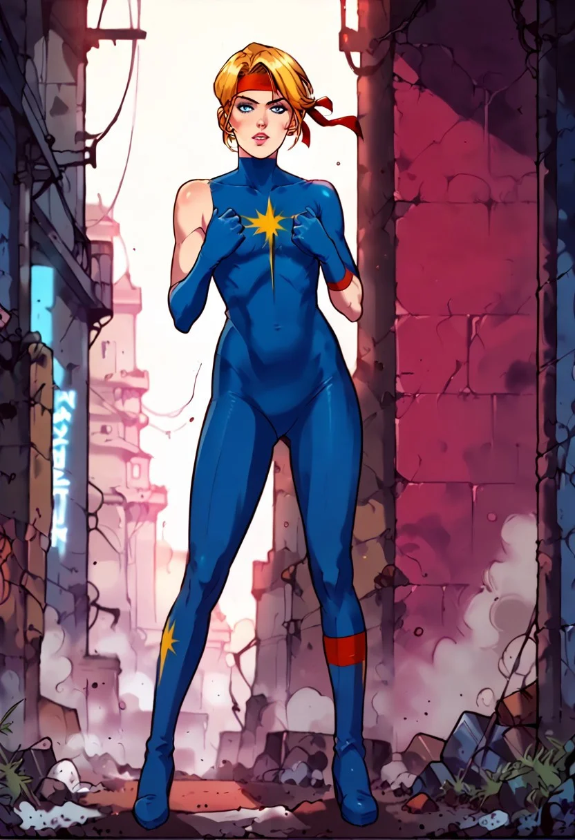 facing forward, full body, looking at viewer, blonde hair, medium hair, blue eyes, red headband, star emblem, one long sleeve, blue gloves, uneven gloves, 1girl, score_9, score_8_up, score_7_up, western cartoon, neon lighting, very detailed, depth of field, cinematic illumination, volumetric lighting, full color picture, vibrant colors, solo, alone, skinny, small bust, action pose, standing, ruined city, city square,