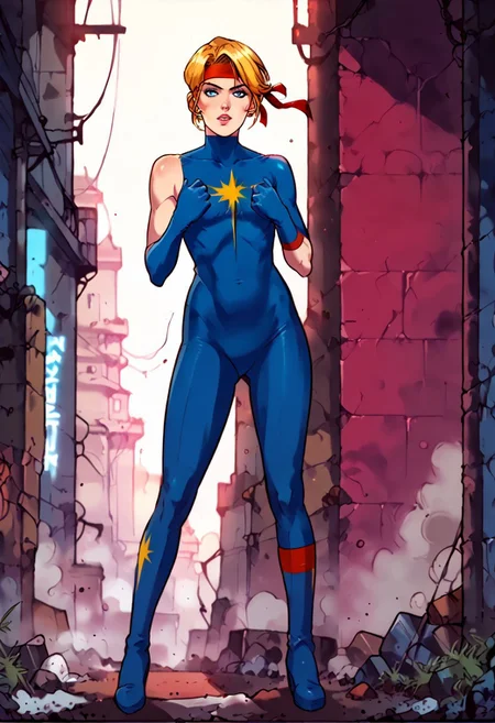 facing forward, full body, looking at viewer, blonde hair, medium hair, blue eyes, red headband, star emblem, one long sleeve, blue gloves, uneven gloves, 1girl, score_9, score_8_up, score_7_up, western cartoon, neon lighting, very detailed, depth of field, cinematic illumination, volumetric lighting, full color picture, vibrant colors, solo, alone, skinny, small bust, action pose, standing, ruined city, city square,