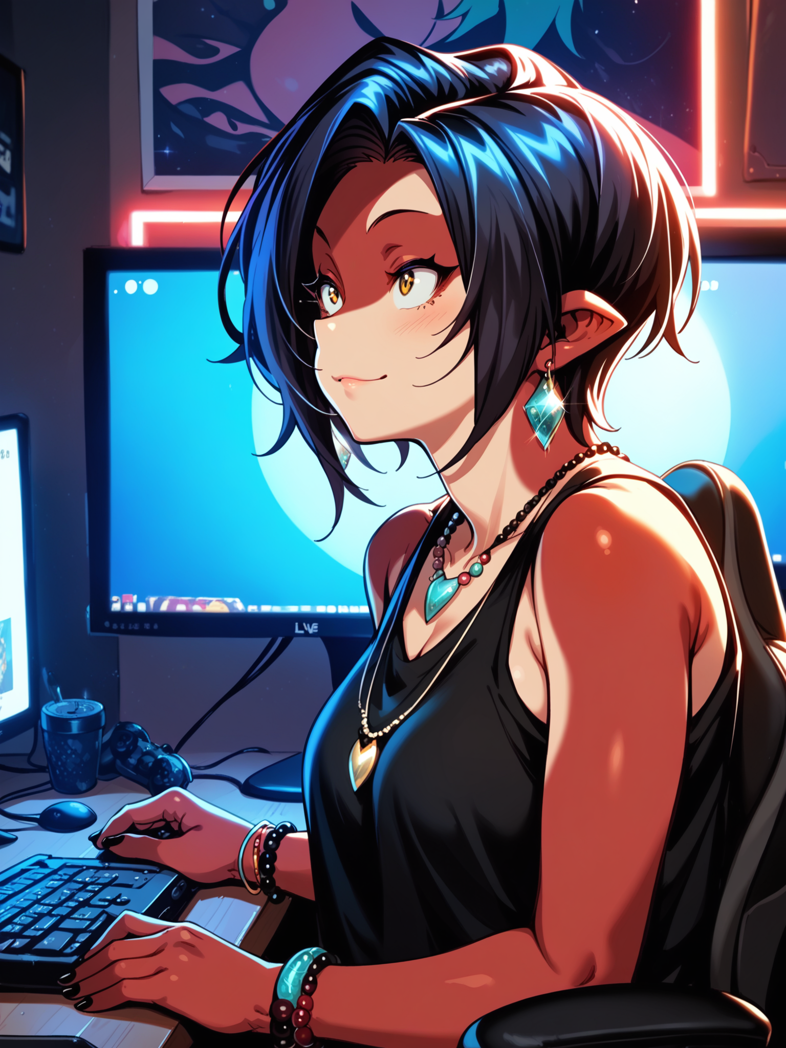 (cowboy shot, solo:1.1) <lora:happy_tentacle-rukka-v0.4-000020:1>, ht_rukka, orca girl, dorsal fin, two-tone skin, large breasts (petite:1.2), <lora:Shed_The_Skin's StS_age_slider_v1_initial_release:-1.2> ( :1.1) jewelry, necklace, earrings, bracelet ( , , ( :1.2) , seductive smile , looking up :1.1) , indoors, ((dusk :0.6), :0.8), ( :0.9), (furniture:0.9), (messy room, messy hair, trash:0.4) , , , , (modern architecture :0.8), desk, computer, (multiple monitors, webcam, video call:1.1), gaming chair, playing games, (studio lights:1.1), (livestream, chat log:1.1), rgb lights, (( from side :1.2) :0.8) score_9, score_8_up, score_7_up, score_6_up, score_5_up, score_4_up, [(realistic, photorealistic:1.3):(realistic:1.2):16] [(3d:1.2)::14] <lora:LUUNA's Lunas-NijiJourney-SDXL-B2:0.4>, nijijourney <lora:prgfrg23's Counterfeit-V3.0 Style SDXL_LoRA_Pony Diffusion V6 XL:0.4> <lora:mfcg's mfcgXL:0.12> <lora:reweik's gyokai(himehajime)_PonyXL_style_v01:0.14>